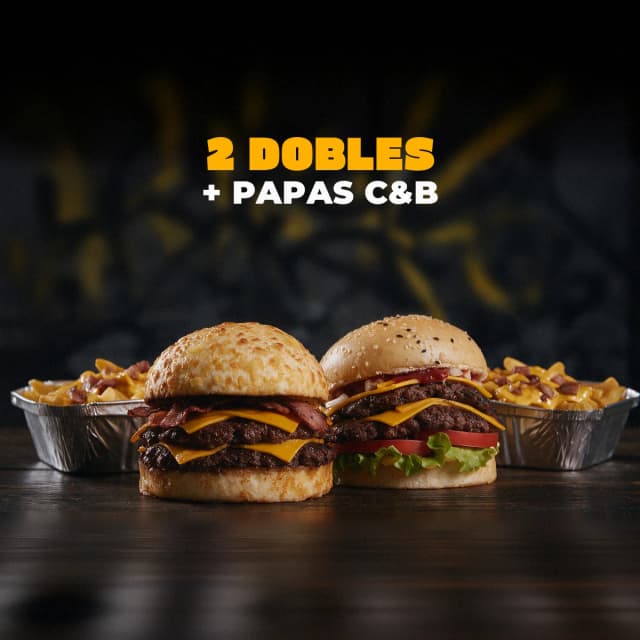 2 DOBLES + PAPAS CHEDDAR & BACON